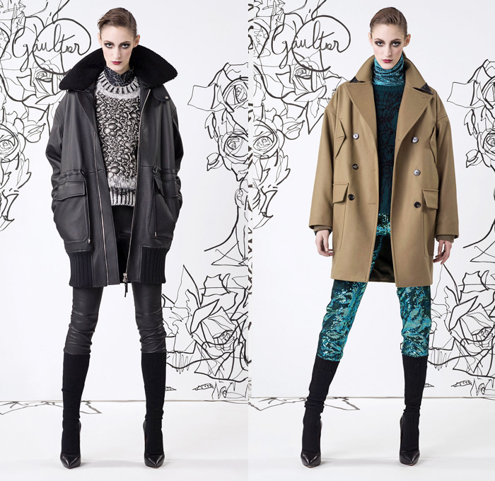 Jean Paul Gaultier 2014 Pre Fall Womens Lookbook Presentation - Pre Autumn Collection Looks - Motorcycle Biker Skinny Jeans Pants Military Bomber Jacket Outerwear Trench Pea Coat Parka Knit Turtleneck Bralette Asymmetrical Circle Skirt Illustration Flowers Floral