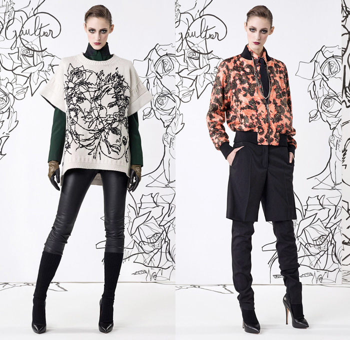Jean Paul Gaultier 2014 Pre Fall Womens Lookbook Presentation - Pre Autumn Collection Looks - Motorcycle Biker Skinny Jeans Pants Military Bomber Jacket Outerwear Trench Pea Coat Parka Knit Turtleneck Bralette Asymmetrical Circle Skirt Illustration Flowers Floral