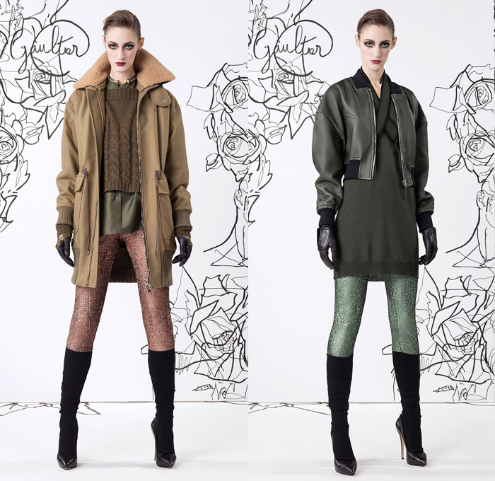 Jean Paul Gaultier 2014 Pre Fall Womens Lookbook Presentation - Pre Autumn Collection Looks - Motorcycle Biker Skinny Jeans Pants Military Bomber Jacket Outerwear Trench Pea Coat Parka Knit Turtleneck Bralette Asymmetrical Circle Skirt Illustration Flowers Floral