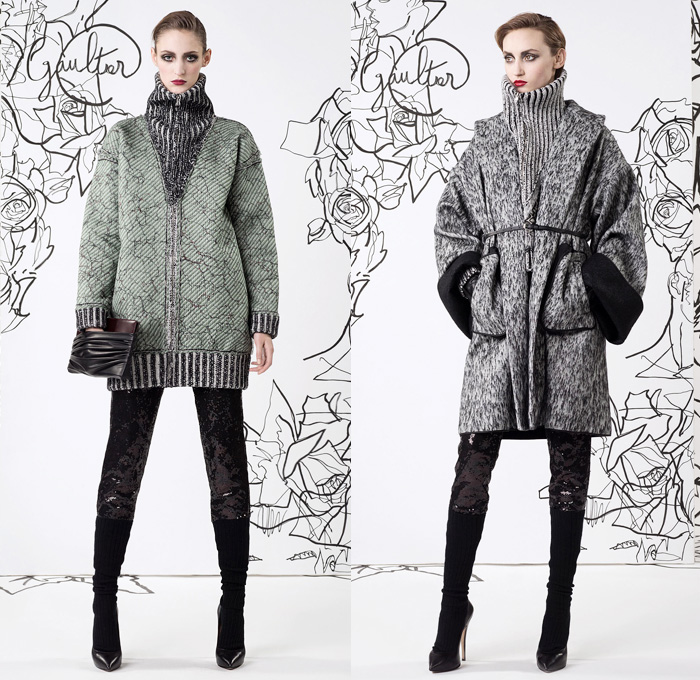 Jean Paul Gaultier 2014 Pre Fall Womens Lookbook Presentation - Pre Autumn Collection Looks - Motorcycle Biker Skinny Jeans Pants Military Bomber Jacket Outerwear Trench Pea Coat Parka Knit Turtleneck Bralette Asymmetrical Circle Skirt Illustration Flowers Floral