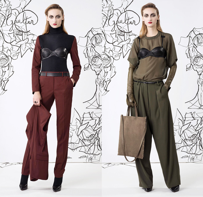 Jean Paul Gaultier 2014 Pre Fall Womens Lookbook Presentation - Pre Autumn Collection Looks - Motorcycle Biker Skinny Jeans Pants Military Bomber Jacket Outerwear Trench Pea Coat Parka Knit Turtleneck Bralette Asymmetrical Circle Skirt Illustration Flowers Floral
