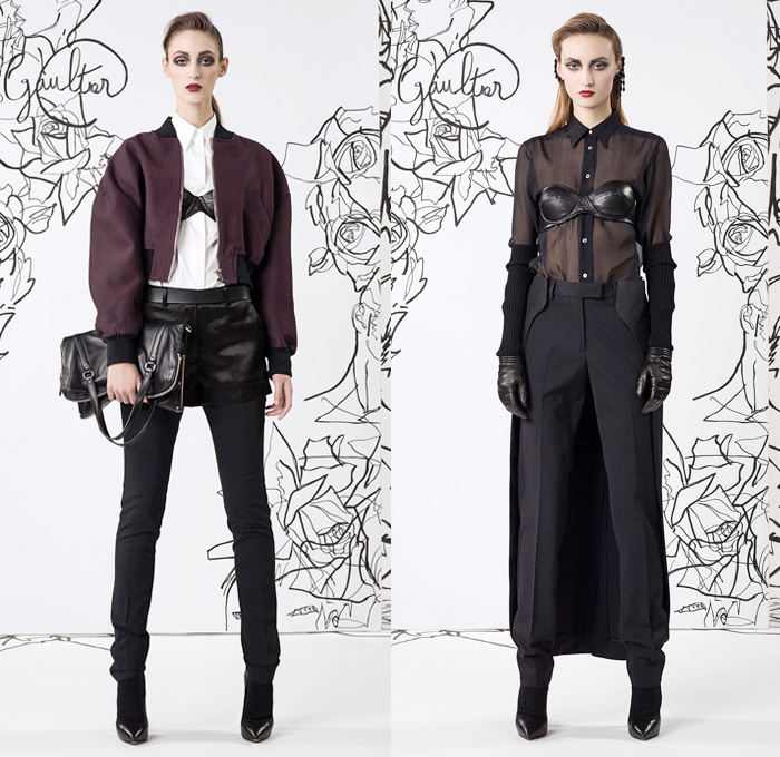 Jean Paul Gaultier 2014 Pre Fall Womens Lookbook Presentation - Pre Autumn Collection Looks - Motorcycle Biker Skinny Jeans Pants Military Bomber Jacket Outerwear Trench Pea Coat Parka Knit Turtleneck Bralette Asymmetrical Circle Skirt Illustration Flowers Floral