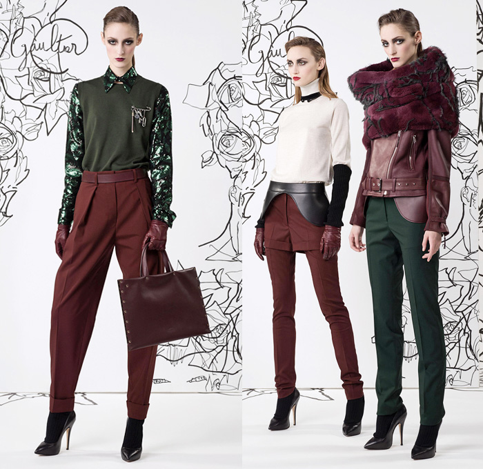 Jean Paul Gaultier 2014 Pre Fall Womens Lookbook Presentation - Pre Autumn Collection Looks - Motorcycle Biker Skinny Jeans Pants Military Bomber Jacket Outerwear Trench Pea Coat Parka Knit Turtleneck Bralette Asymmetrical Circle Skirt Illustration Flowers Floral