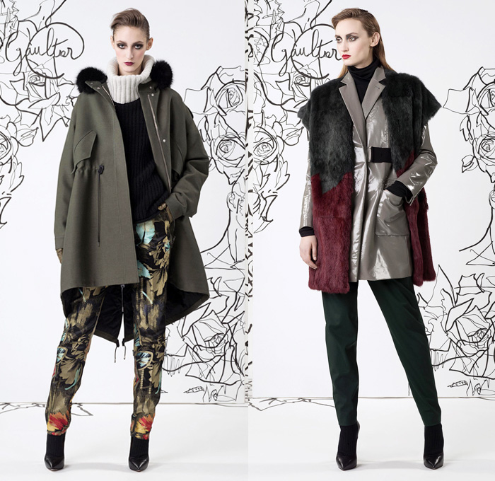 Jean Paul Gaultier 2014 Pre Fall Womens Lookbook Presentation - Pre Autumn Collection Looks - Motorcycle Biker Skinny Jeans Pants Military Bomber Jacket Outerwear Trench Pea Coat Parka Knit Turtleneck Bralette Asymmetrical Circle Skirt Illustration Flowers Floral