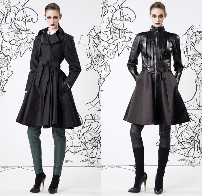 Jean Paul Gaultier 2014 Pre Fall Womens Lookbook Presentation - Pre Autumn Collection Looks - Motorcycle Biker Skinny Jeans Pants Military Bomber Jacket Outerwear Trench Pea Coat Parka Knit Turtleneck Bralette Asymmetrical Circle Skirt Illustration Flowers Floral