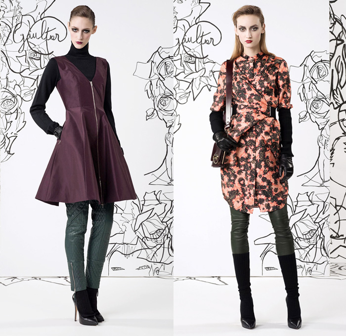 Jean Paul Gaultier 2014 Pre Fall Womens Lookbook Presentation - Pre Autumn Collection Looks - Motorcycle Biker Skinny Jeans Pants Military Bomber Jacket Outerwear Trench Pea Coat Parka Knit Turtleneck Bralette Asymmetrical Circle Skirt Illustration Flowers Floral