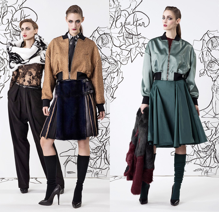 Jean Paul Gaultier 2014 Pre Fall Womens Lookbook Presentation - Pre Autumn Collection Looks - Motorcycle Biker Skinny Jeans Pants Military Bomber Jacket Outerwear Trench Pea Coat Parka Knit Turtleneck Bralette Asymmetrical Circle Skirt Illustration Flowers Floral