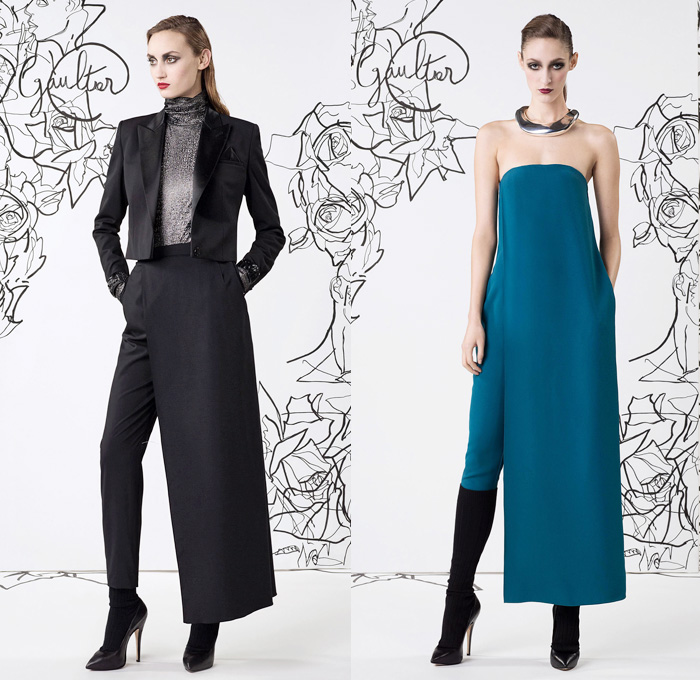 Jean Paul Gaultier 2014 Pre Fall Womens Lookbook Presentation - Pre Autumn Collection Looks - Motorcycle Biker Skinny Jeans Pants Military Bomber Jacket Outerwear Trench Pea Coat Parka Knit Turtleneck Bralette Asymmetrical Circle Skirt Illustration Flowers Floral