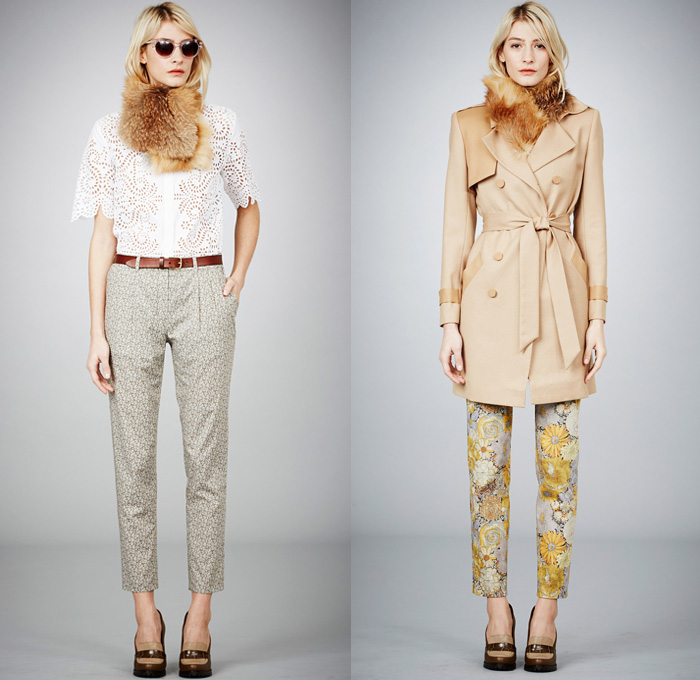 Jenni Kayne 2014 Pre Fall Womens Presentation - Pre Autumn Collection Looks - Wide Leg Palazzo Pants Culottes Gauchos Flowers Florals Print Vest Waistcoat Furry Trench Pea Coat Snake Python Pantsuit Peek-A-Boo Perforated 3D Cutout: Designer Denim Jeans Fashion: Season Collections, Runways, Lookbooks and Linesheets