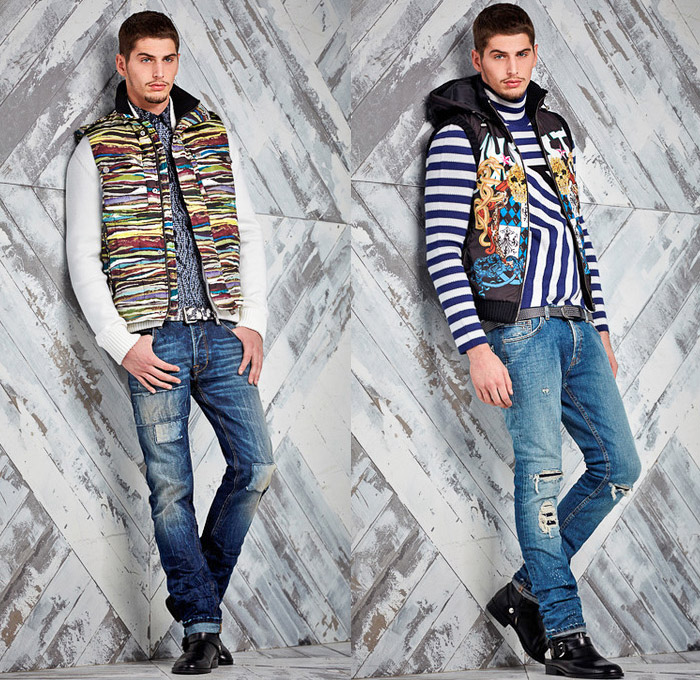 Just Cavalli 2014 Pre Fall Mens Presentation - Pre Autumn Looks Collection - Patchwork Destroyed Denim Jeans Dark Wash Arabesque Ethnic Folk Ornamental Animal Safari Leopard Print Motifs Motorcycle Biker Grunge Western Cowboy Bomber Jacket Plaid: Designer Denim Jeans Fashion: Season Collections, Runways, Lookbooks and Linesheets