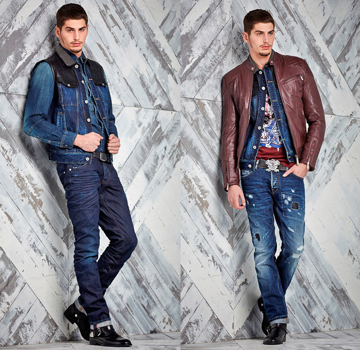 Just Cavalli 2014 Pre Fall Mens Presentation - Pre Autumn Looks Collection - Patchwork Destroyed Denim Jeans Dark Wash Arabesque Ethnic Folk Ornamental Animal Safari Leopard Print Motifs Motorcycle Biker Grunge Western Cowboy Bomber Jacket Plaid: Designer Denim Jeans Fashion: Season Collections, Runways, Lookbooks and Linesheets