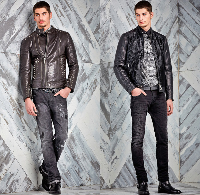 Just Cavalli 2014 Pre Fall Mens Presentation - Pre Autumn Looks Collection - Patchwork Destroyed Denim Jeans Dark Wash Arabesque Ethnic Folk Ornamental Animal Safari Leopard Print Motifs Motorcycle Biker Grunge Western Cowboy Bomber Jacket Plaid: Designer Denim Jeans Fashion: Season Collections, Runways, Lookbooks and Linesheets