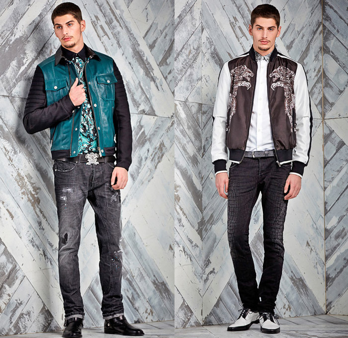 Just Cavalli 2014 Pre Fall Mens Presentation - Pre Autumn Looks Collection - Patchwork Destroyed Denim Jeans Dark Wash Arabesque Ethnic Folk Ornamental Animal Safari Leopard Print Motifs Motorcycle Biker Grunge Western Cowboy Bomber Jacket Plaid: Designer Denim Jeans Fashion: Season Collections, Runways, Lookbooks and Linesheets