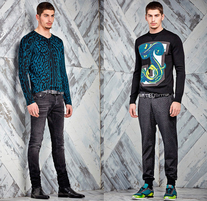 Just Cavalli 2014 Pre Fall Mens Presentation - Pre Autumn Looks Collection - Patchwork Destroyed Denim Jeans Dark Wash Arabesque Ethnic Folk Ornamental Animal Safari Leopard Print Motifs Motorcycle Biker Grunge Western Cowboy Bomber Jacket Plaid: Designer Denim Jeans Fashion: Season Collections, Runways, Lookbooks and Linesheets