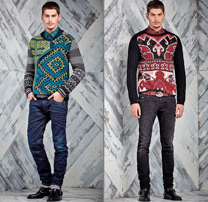 Just Cavalli 2014 Pre Fall Mens Presentation - Pre Autumn Looks Collection - Patchwork Destroyed Denim Jeans Dark Wash Arabesque Ethnic Folk Ornamental Animal Safari Leopard Print Motifs Motorcycle Biker Grunge Western Cowboy Bomber Jacket Plaid: Designer Denim Jeans Fashion: Season Collections, Runways, Lookbooks and Linesheets