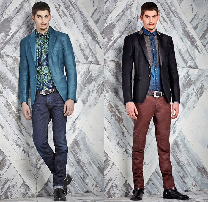 Just Cavalli 2014 Pre Fall Mens Presentation - Pre Autumn Looks Collection - Patchwork Destroyed Denim Jeans Dark Wash Arabesque Ethnic Folk Ornamental Animal Safari Leopard Print Motifs Motorcycle Biker Grunge Western Cowboy Bomber Jacket Plaid: Designer Denim Jeans Fashion: Season Collections, Runways, Lookbooks and Linesheets