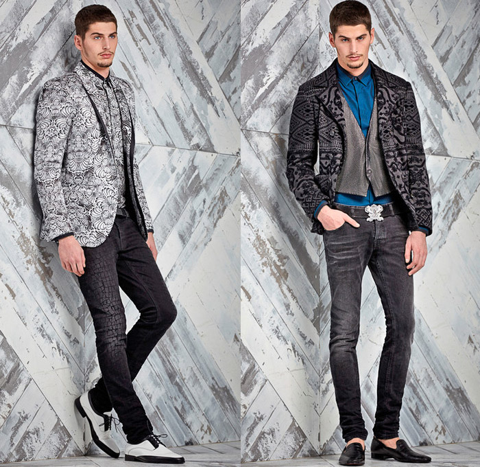 Just Cavalli 2014 Pre Fall Mens Presentation - Pre Autumn Looks Collection - Patchwork Destroyed Denim Jeans Dark Wash Arabesque Ethnic Folk Ornamental Animal Safari Leopard Print Motifs Motorcycle Biker Grunge Western Cowboy Bomber Jacket Plaid: Designer Denim Jeans Fashion: Season Collections, Runways, Lookbooks and Linesheets