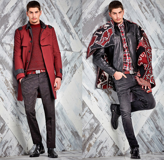 Just Cavalli 2014 Pre Fall Mens Presentation - Pre Autumn Looks Collection - Patchwork Destroyed Denim Jeans Dark Wash Arabesque Ethnic Folk Ornamental Animal Safari Leopard Print Motifs Motorcycle Biker Grunge Western Cowboy Bomber Jacket Plaid: Designer Denim Jeans Fashion: Season Collections, Runways, Lookbooks and Linesheets