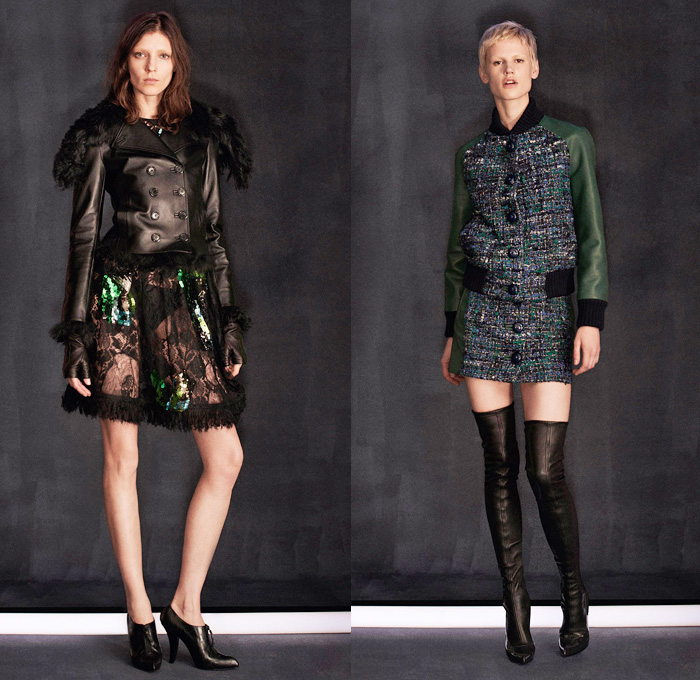 Louis Vuitton 2014 Pre Fall Womens Lookbook Presentation - Pre Autumn Collection Looks - Denim Jeans Railroad Stripes Engineer Camouflage Outerwear Trench Coat Furry Chunky Knit Poncho Parka Hanging Sleeve Boots Windowpane Check Wide Leg Palazzo Pants Flowers Floral Lace Bomber Jacket Mesh Sequins: Designer Denim Jeans Fashion: Season Collections, Runways, Lookbooks and Linesheets