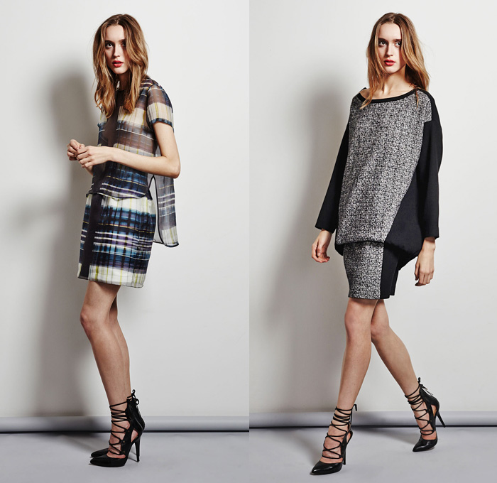 Marissa Webb 2014 Pre Fall Womens Presentation - Pre Autumn Collection Looks - Casual Track Jogging Pants Sporty Sweatpants Lace Sheer Chiffon Peek-A-Boo Plaid Check Pattern Sweater Jumper Skirt White Dress: Designer Denim Jeans Fashion: Season Collections, Runways, Lookbooks and Linesheets