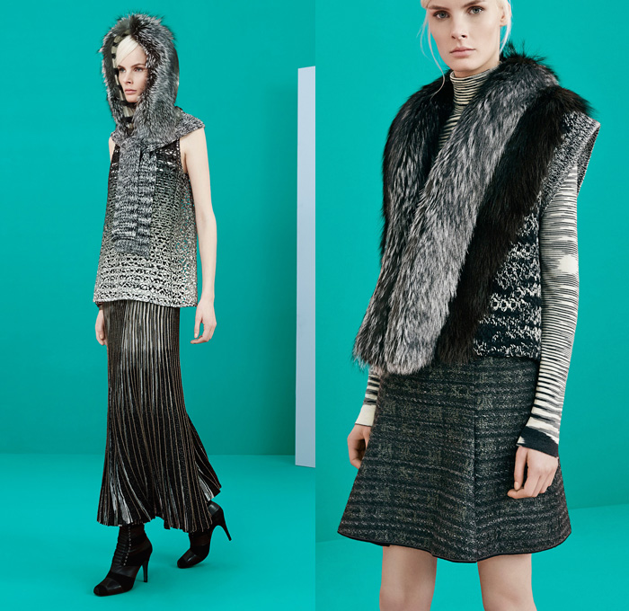 Missoni 2014 Pre Fall Womens Presentation - Pre Autumn Collection - Palazzo Wide Leg Pants Knitwear Leather Pea Coat Furry Capelet Dress Zigzag Patterns Lace: Designer Denim Jeans Fashion: Season Collections, Runways, Lookbooks and Linesheets