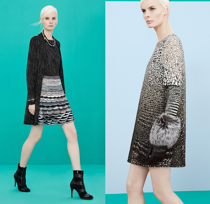 Missoni 2014 Pre Fall Womens Presentation - Pre Autumn Collection - Palazzo Wide Leg Pants Knitwear Leather Pea Coat Furry Capelet Dress Zigzag Patterns Lace: Designer Denim Jeans Fashion: Season Collections, Runways, Lookbooks and Linesheets