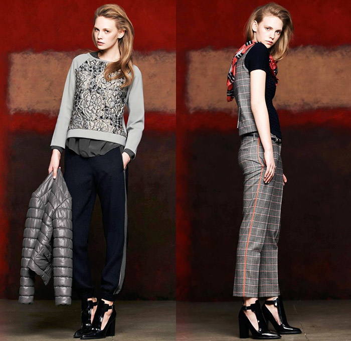 Piazza Sempione 2014 Pre Fall Womens Presentation - Pre Autumn Collection Looks - Skinny Leather Pants Flowers Floral Knit Sweater Jumper Bomber Jacket Windowpane Check Pattern Peek-A-Boo Lace Dress: Designer Denim Jeans Fashion: Season Collections, Runways, Lookbooks and Linesheets