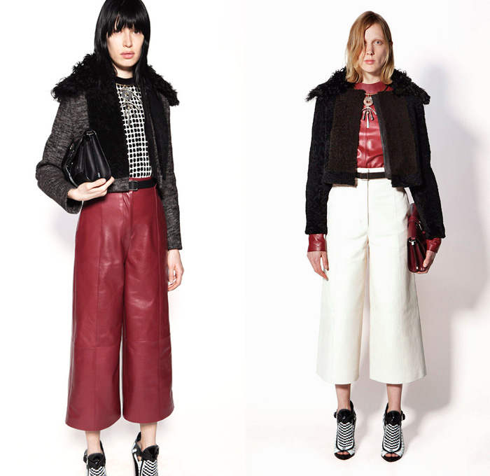 Proenza Schouler 2014 Pre Fall Womens Presentation - Pre Autumn Collection - Wide Leg Palazzo Pants Culottes Gauchos Leather Handkerchief Hem Outerwear Coats Studded Grommets Dots Grid: Designer Denim Jeans Fashion: Season Collections, Runways, Lookbooks and Linesheets