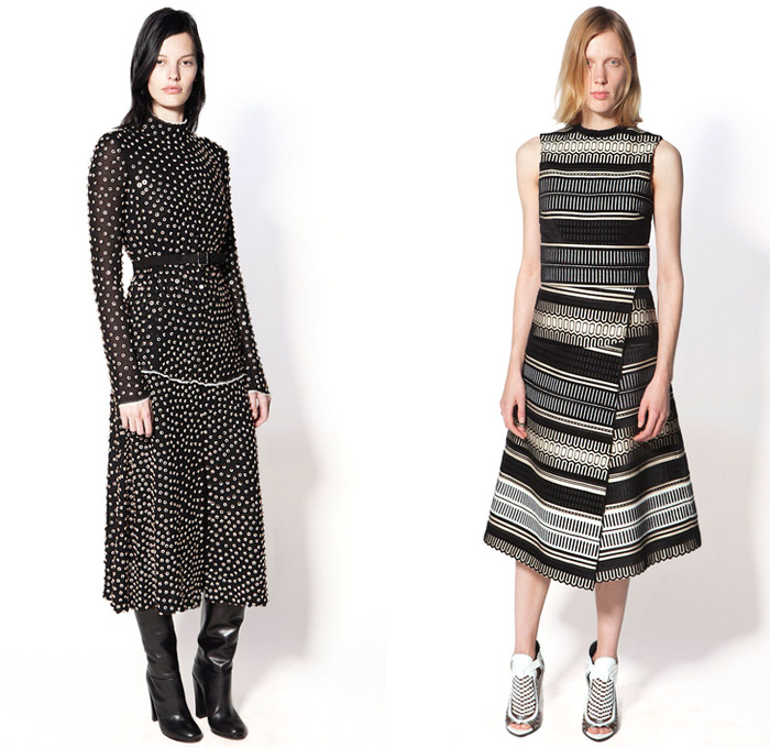 Proenza Schouler 2014 Pre Fall Womens Presentation - Pre Autumn Collection - Wide Leg Palazzo Pants Culottes Gauchos Leather Handkerchief Hem Outerwear Coats Studded Grommets Dots Grid: Designer Denim Jeans Fashion: Season Collections, Runways, Lookbooks and Linesheets