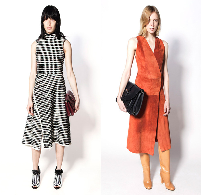 Proenza Schouler 2014 Pre Fall Womens Presentation - Pre Autumn Collection - Wide Leg Palazzo Pants Culottes Gauchos Leather Handkerchief Hem Outerwear Coats Studded Grommets Dots Grid: Designer Denim Jeans Fashion: Season Collections, Runways, Lookbooks and Linesheets