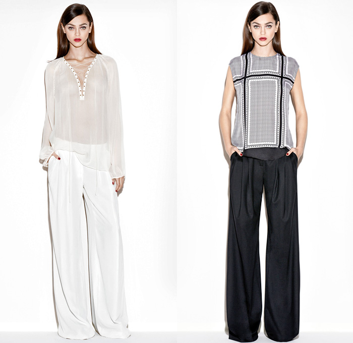 Rachel Zoe 2014 Pre Fall Womens Presentation - Pre Autumn Collection Looks - Wide Leg Palazzo Pants Culottes Gauchos Boucle Outerwear Coat Ornamental Decorative Art Print Sheer Chiffon Peek-A-Boo White Ensemble Windowpane Check One Piece Onesie Jumpsuit Playsuit Motorcycle Biker: Designer Denim Jeans Fashion: Season Collections, Runways, Lookbooks and Linesheets