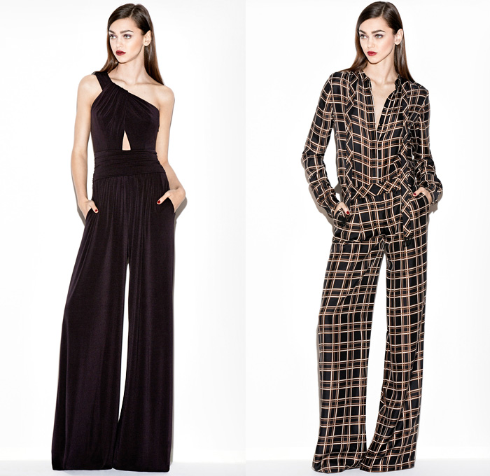 Rachel Zoe 2014 Pre Fall Womens Presentation - Pre Autumn Collection Looks - Wide Leg Palazzo Pants Culottes Gauchos Boucle Outerwear Coat Ornamental Decorative Art Print Sheer Chiffon Peek-A-Boo White Ensemble Windowpane Check One Piece Onesie Jumpsuit Playsuit Motorcycle Biker: Designer Denim Jeans Fashion: Season Collections, Runways, Lookbooks and Linesheets