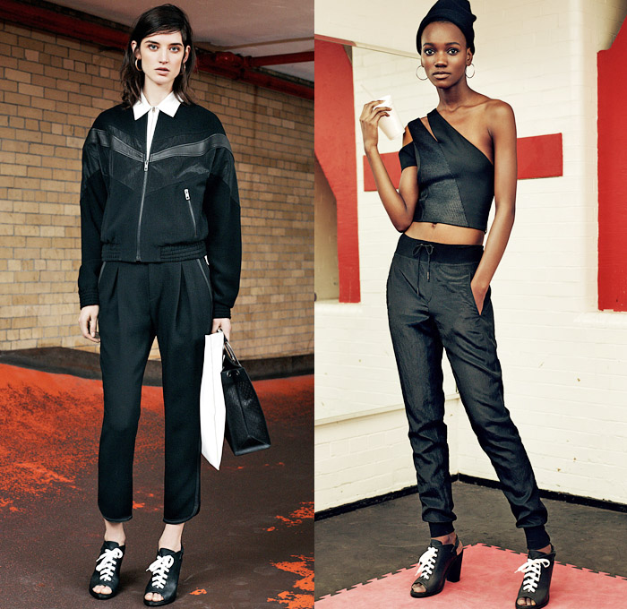 rag & bone 2014 Pre Fall Womens Presentation - Pre Autumn Collection - 1990s British Suburban Streetwear Activewear Sporty Sweatpants Jogging Pants Crop Top Midriff Mesh Lace Peek-A-Boo Vest Motorcycle Biker Shorts Tracksuits Dress: Designer Denim Jeans Fashion: Season Collections, Runways, Lookbooks and Linesheets