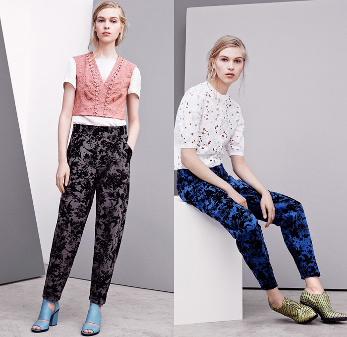 Rebecca Taylor 2014 Pre Fall Womens Presentation - Pre Autumn Collection Looks - Foliage Leaves Botanical Prints Ornamental Baseball Knit Lace Crochet Peek-A-Boo Bomber Jacket Pleats Embroidery Dress: Designer Denim Jeans Fashion: Season Collections, Runways, Lookbooks and Linesheets