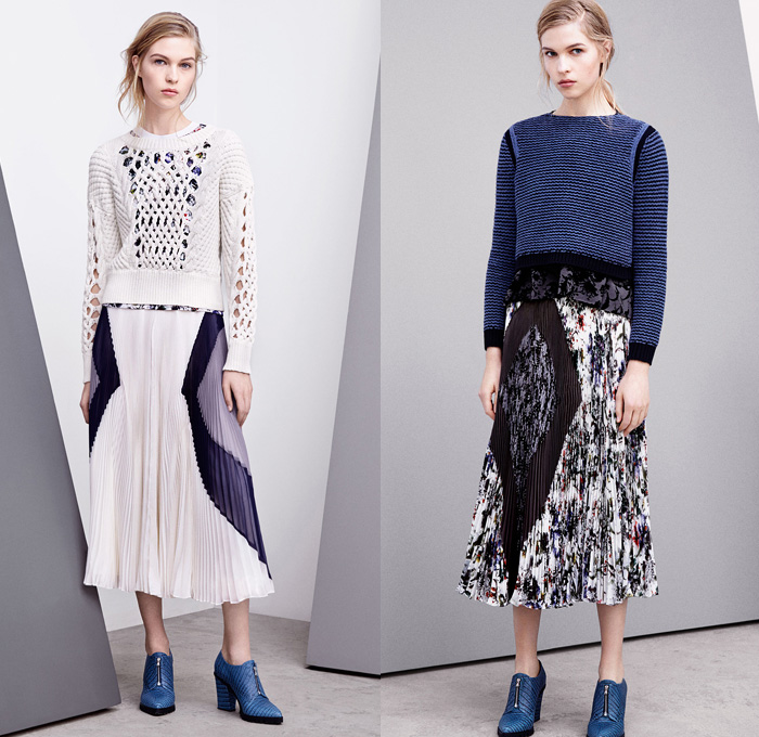 Rebecca Taylor 2014 Pre Fall Womens Presentation - Pre Autumn Collection Looks - Foliage Leaves Botanical Prints Ornamental Baseball Knit Lace Crochet Peek-A-Boo Bomber Jacket Pleats Embroidery Dress: Designer Denim Jeans Fashion: Season Collections, Runways, Lookbooks and Linesheets