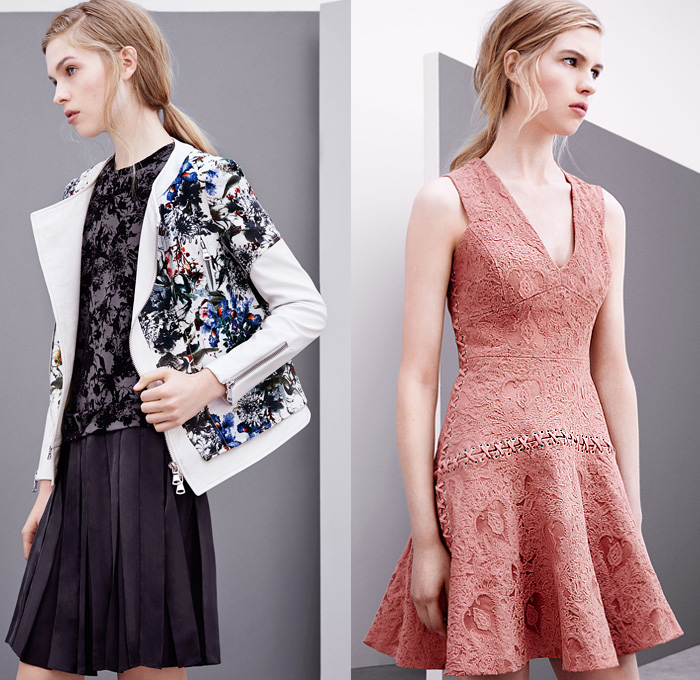 Rebecca Taylor 2014 Pre Fall Womens Presentation - Pre Autumn Collection Looks - Foliage Leaves Botanical Prints Ornamental Baseball Knit Lace Crochet Peek-A-Boo Bomber Jacket Pleats Embroidery Dress: Designer Denim Jeans Fashion: Season Collections, Runways, Lookbooks and Linesheets