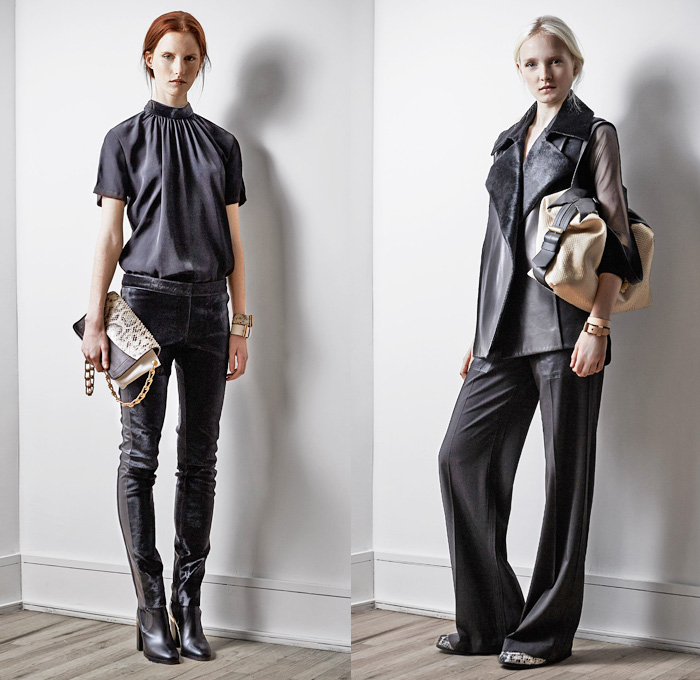 Reed Krakoff 2014 Pre Fall Womens Presentation - Pre Autumn Collection - Skinny Biker Jeans Python Snake Print Wide Leg Trousers Palazzo Pants Handkerchief Hem Asymmetrical Pleated Dresses Furry Outerwear Coats: Designer Denim Jeans Fashion: Season Collections, Runways, Lookbooks and Linesheets
