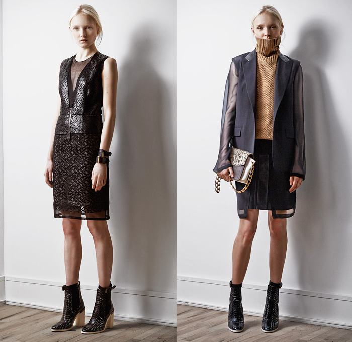 Reed Krakoff 2014 Pre Fall Womens Presentation - Pre Autumn Collection - Skinny Biker Jeans Python Snake Print Wide Leg Trousers Palazzo Pants Handkerchief Hem Asymmetrical Pleated Dresses Furry Outerwear Coats: Designer Denim Jeans Fashion: Season Collections, Runways, Lookbooks and Linesheets