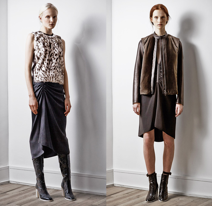 Reed Krakoff 2014 Pre Fall Womens Presentation - Pre Autumn Collection - Skinny Biker Jeans Python Snake Print Wide Leg Trousers Palazzo Pants Handkerchief Hem Asymmetrical Pleated Dresses Furry Outerwear Coats: Designer Denim Jeans Fashion: Season Collections, Runways, Lookbooks and Linesheets