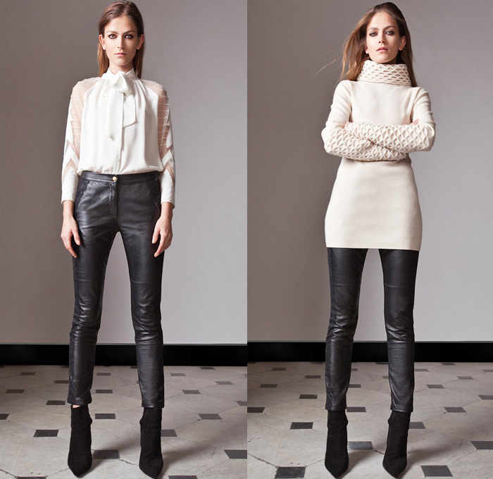 Alice by Temperley 2014 Pre Fall Womens Presentation - Pre Autumn Collection - Leather Skinny Biker Jeans Sheer Lace Chiffon Peek-A-Boo Jumpsuit Blazer Bow Tie Waffle Knit Fruits Lemon Leopard Prints Lattice Windowpane Leggings : Designer Denim Jeans Fashion: Season Collections, Runways, Lookbooks and Linesheets