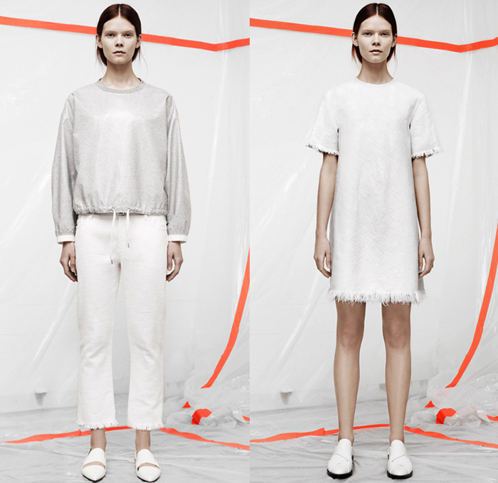 T by Alexander Wang 2014 Pre Fall Womens Presentation - Pre Autumn Collection - Sporty Casuals Frayed Destroyed Twill Pseudo Denim Jeans Sweatpants Jogging Pants Bomber Jacket Shorts Crop Top Midriff Outerwear Coat Wide Leg Palazzo Trousers: Designer Denim Jeans Fashion: Season Collections, Runways, Lookbooks and Linesheets