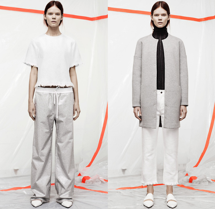 T by Alexander Wang 2014 Pre Fall Womens Presentation - Pre Autumn Collection - Sporty Casuals Frayed Destroyed Twill Pseudo Denim Jeans Sweatpants Jogging Pants Bomber Jacket Shorts Crop Top Midriff Outerwear Coat Wide Leg Palazzo Trousers: Designer Denim Jeans Fashion: Season Collections, Runways, Lookbooks and Linesheets