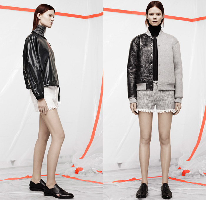 T by Alexander Wang 2014 Pre Fall Womens Presentation - Pre Autumn Collection - Sporty Casuals Frayed Destroyed Twill Pseudo Denim Jeans Sweatpants Jogging Pants Bomber Jacket Shorts Crop Top Midriff Outerwear Coat Wide Leg Palazzo Trousers: Designer Denim Jeans Fashion: Season Collections, Runways, Lookbooks and Linesheets