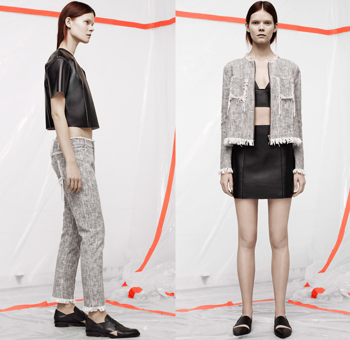 T by Alexander Wang 2014 Pre Fall Womens Presentation - Pre Autumn Collection - Sporty Casuals Frayed Destroyed Twill Pseudo Denim Jeans Sweatpants Jogging Pants Bomber Jacket Shorts Crop Top Midriff Outerwear Coat Wide Leg Palazzo Trousers: Designer Denim Jeans Fashion: Season Collections, Runways, Lookbooks and Linesheets