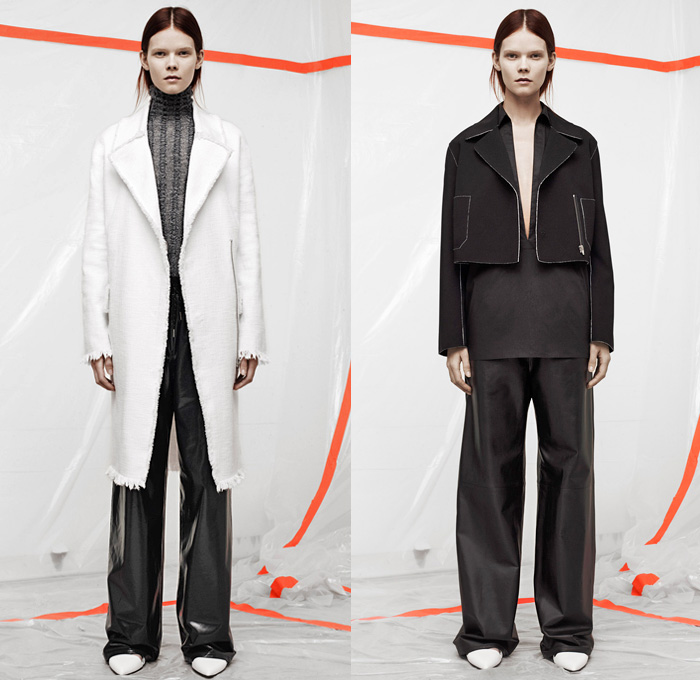 T by Alexander Wang 2014 Pre Fall Womens Presentation - Pre Autumn Collection - Sporty Casuals Frayed Destroyed Twill Pseudo Denim Jeans Sweatpants Jogging Pants Bomber Jacket Shorts Crop Top Midriff Outerwear Coat Wide Leg Palazzo Trousers: Designer Denim Jeans Fashion: Season Collections, Runways, Lookbooks and Linesheets