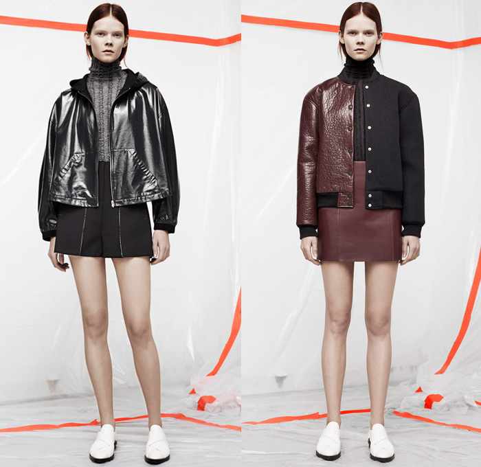 T by Alexander Wang 2014 Pre Fall Womens Presentation - Pre Autumn Collection - Sporty Casuals Frayed Destroyed Twill Pseudo Denim Jeans Sweatpants Jogging Pants Bomber Jacket Shorts Crop Top Midriff Outerwear Coat Wide Leg Palazzo Trousers: Designer Denim Jeans Fashion: Season Collections, Runways, Lookbooks and Linesheets