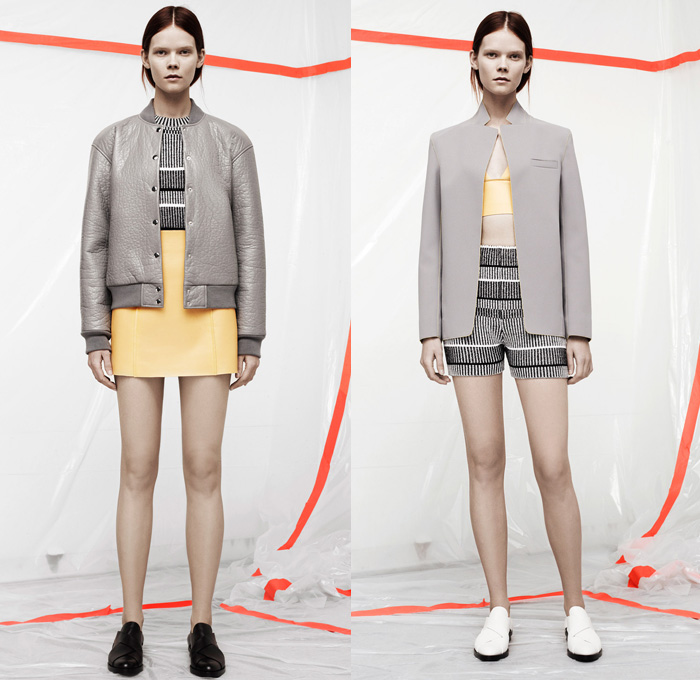 T by Alexander Wang 2014 Pre Fall Womens Presentation - Pre Autumn Collection - Sporty Casuals Frayed Destroyed Twill Pseudo Denim Jeans Sweatpants Jogging Pants Bomber Jacket Shorts Crop Top Midriff Outerwear Coat Wide Leg Palazzo Trousers: Designer Denim Jeans Fashion: Season Collections, Runways, Lookbooks and Linesheets