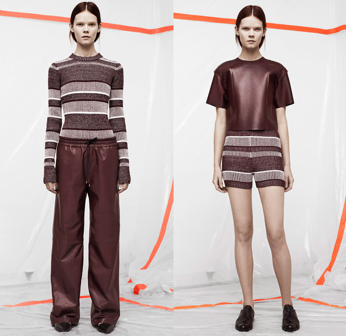 T by Alexander Wang 2014 Pre Fall Womens Presentation - Pre Autumn Collection - Sporty Casuals Frayed Destroyed Twill Pseudo Denim Jeans Sweatpants Jogging Pants Bomber Jacket Shorts Crop Top Midriff Outerwear Coat Wide Leg Palazzo Trousers: Designer Denim Jeans Fashion: Season Collections, Runways, Lookbooks and Linesheets