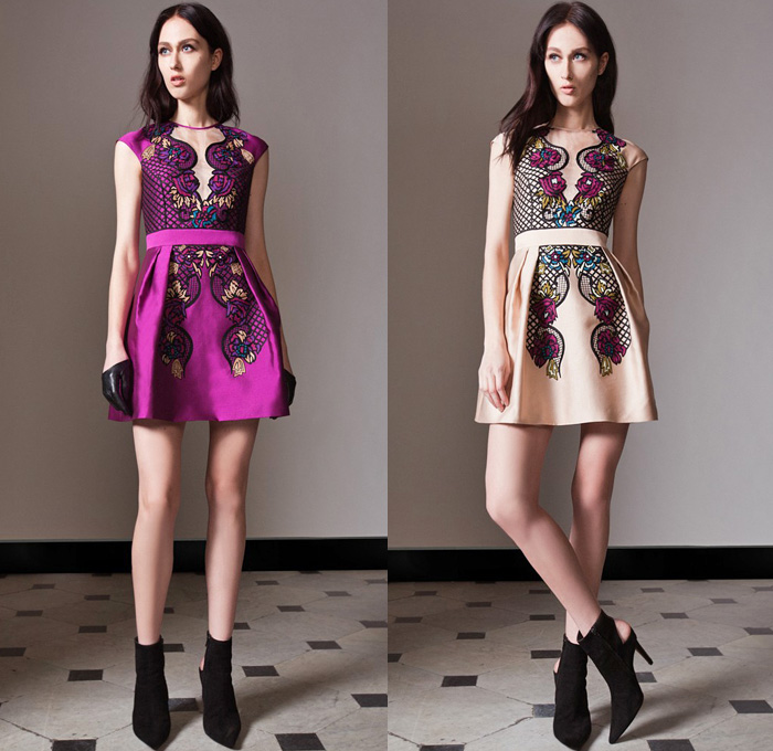 Temperley London 2014 Pre Fall Womens Presentation - Pre Autumn Collection - Leather Skinny Biker Jeans Sheer Chiffon Lace Peek-A-Boo Jumpsuit Wide Leg Trousers Flowers Floral Stained Glass Dresses: Designer Denim Jeans Fashion: Season Collections, Runways, Lookbooks and Linesheets