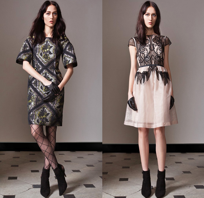 Temperley London 2014 Pre Fall Womens Presentation - Pre Autumn Collection - Leather Skinny Biker Jeans Sheer Chiffon Lace Peek-A-Boo Jumpsuit Wide Leg Trousers Flowers Floral Stained Glass Dresses: Designer Denim Jeans Fashion: Season Collections, Runways, Lookbooks and Linesheets